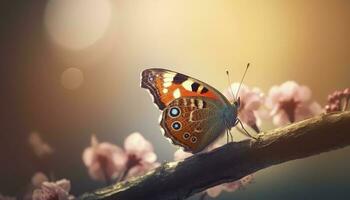 Seite Aussicht von rot Admiral Schmetterling mit orange, Weiss, schwarz und braun Flügel Sitzung auf ein lila Blume von Argentinier Eisenkraut. sonnig Sommer- Tag im ein Garten, generieren ai foto