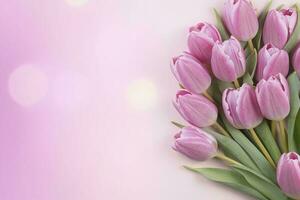 hölzern Rosa Hintergrund mit frisch Frühling Tulpen und leeren Kopieren Raum Herz gestalten Dekoration gemacht von Holz , generieren ai foto