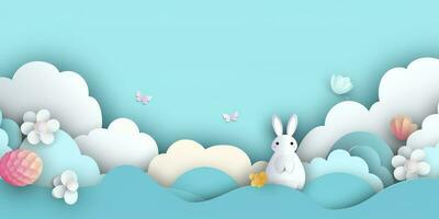 horizontal Banner mit Papier Schnitt Wolken, Kaninchen, Eier, und Herzen, Blau Himmel Hintergrund, Papier Schnitt Kunst Kunst. ein Platz zum Text. glücklich Ostern Tag Verkauf Konzept, Vorlage mit Platz rahmen, generieren ai foto