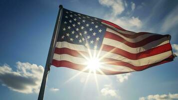 von hinten beleuchtet uns National Flagge fliegend und winken im das Wind Über grau stürmisch wolkig Himmel, Symbol von amerikanisch Patriotismus, niedrig Winkel, generieren ai foto