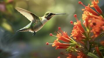 Kolibri fliegend zu wählen oben Nektar von ein schön Blume. Digital Kunstwerk. ai generativ foto
