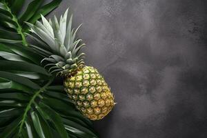 frisch Ananas mit tropisch Blätter auf grau Hintergrund. , generieren ai foto