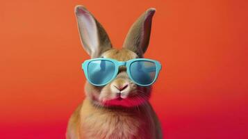 abstrakt Clip Kunst von Weiß Hase tragen modisch Sonnenbrille. zeitgenössisch Pastell- Blau Hintergrund. Kopieren Raum. Ostern Minimalismus. zum Ostern Scrapbooking Plakate Planer, Netz, generieren ai foto
