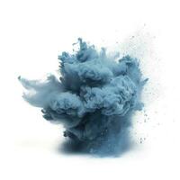 abstrakt Blau Staub Explosion auf Weiß Hintergrund. einfrieren Bewegung von Blau Pulver Spritzen. gemalt holi im Festival, generieren ai foto