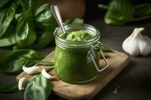 Grün Pesto Soße gemacht von wild Knoblauch, generieren ai foto