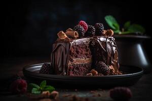 lecker hausgemacht dunkel Schokolade Kuchen mit dunkel Hintergrund. generativ ai foto