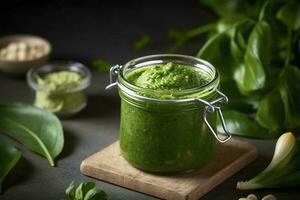 Grün Pesto Soße gemacht von wild Knoblauch, generieren ai foto