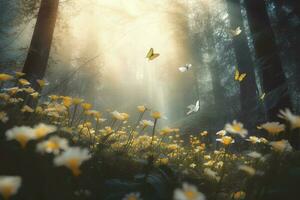 abstrakt Natur Frühling Hintergrund. Frühling Blume und Schmetterling, generieren ai foto