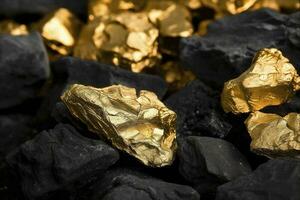 glänzend Gold Nuggets auf Kohlen, Nahansicht Sicht, generieren ai foto