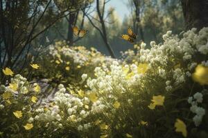 abstrakt Natur Frühling Hintergrund. Frühling Blume und Schmetterling, generieren ai foto