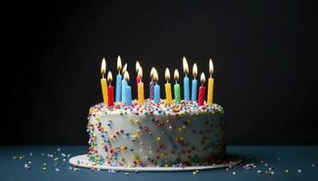 Feier Geburtstag Kuchen mit zwanzig einer bunt Geburtstag Kerzen, generieren ai foto