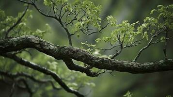 Erde Tag und Welt Umgebung Tag, Frühling, tropisch Baum Blätter und Ast mit schön Grün Wald Hintergrund, generieren ai foto