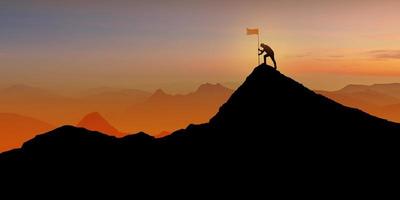 Silhouette des Geschäftsmannes, der auf dem Berggipfel über Sonnenuntergangdämmerungshintergrund mit Flagge steht foto