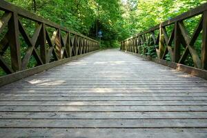 hölzern Brücke im das Wald. Brücke zum Fußgänger und Biker im das wild Park. foto