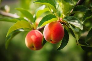 natürlich Frucht. Pfirsiche wachsend auf ein Baum im das Sommer. frisch Pfirsiche auf Baum Geäst. köstlich und gesund organisch Ernährung. Garten mit gereift Früchte. generativ ai. foto