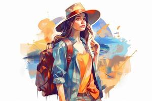 Reisender Mädchen konzeptionelle Banner. bunt Illustration von Reisender jung Frau im das Hut mit Rucksack. generativ ai foto