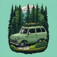 Auto im Vorderseite von ein Wald Karikatur T-Shirt Design Grafik. ai generativ foto