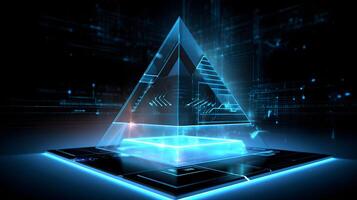 Blau Hologramm von ein Pyramide auf ein dunkel Hintergrund ai generiert foto