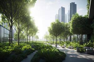 futuristisch Stadt mit Wolkenkratzer, Gebäude und Parks. ai generiert foto