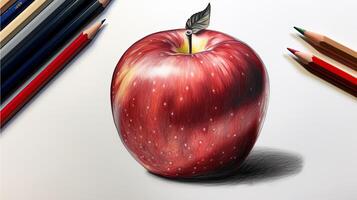 3d Kunst Bild von realistisch Zeichnung ein rot Apfel mit Bleistift Illustration. generativ ai. foto