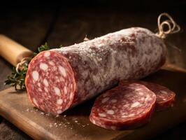 Delikatessen Salami Würstchen mit Weiß Schimmel fouet erstellt mit generativ ai Technologie foto