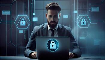 Cyber Sicherheit System, Daten Schutz, Digital Technologie. Geschäftsmann Arbeiten auf Laptop. ai generiert. foto