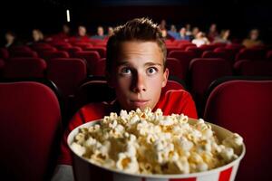 Mann Essen Popcorn im ein Film Theater, Sitzung und Essen Popcorn. ai generiert foto