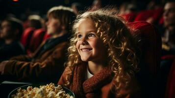 Kind Mädchen Essen Popcorn im ein Film Theater, Sitzung und Essen Popcorn. ai generiert foto