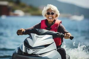 Porträt von reifen Senior weiblich auf Jet Ski. ai generiert foto