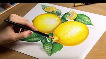 3d Kunst präsentieren Bild von Hand Zeichnung realistisch zwei ganze Zitrone und Schnitt Scheibe mit Bleistift. generativ ai. foto