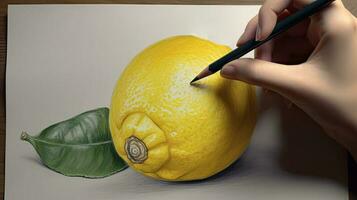 3d Kunst präsentieren Bild von Hand Zeichnung realistisch Zitrone mit Bleistift. generativ ai. foto