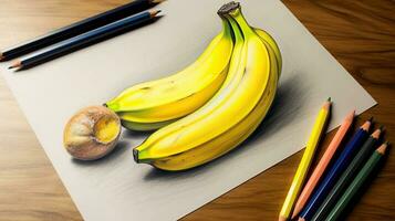 3d Kunst Bild von realistisch Zeichnung Banane mit Bleistift Illustration. generativ ai. foto