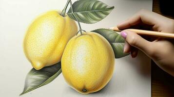3d Kunst präsentieren Bild von Hand Zeichnung realistisch Zitrone Ast mit Bleistift. generativ ai. foto