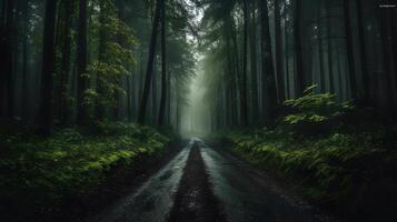 ein schön Schuss von ein Wald umgeben durch Bäume im das Wald während das Nebel generativ ai, ai generiert foto