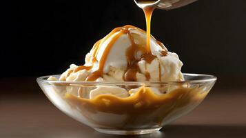Vanille Eis Sahne im ein Schüssel mit geschmolzen Butterscotch generativ ai, ai generiert foto