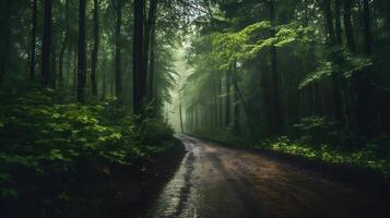 ein schön Schuss von ein Wald umgeben durch Bäume im das Wald während das Nebel generativ ai, ai generiert foto