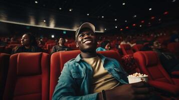 schwarz Mann Essen Popcorn im ein Film Theater, Sitzung und Essen Popcorn. ai generiert foto