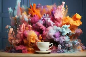 Regenbogen Explosion im das Kaffee Tasse,. ai generiert foto