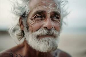 schließen oben Porträt alt reifen Mann tun Yoga auf das Strand. ai generiert foto