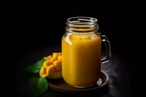 ai generiert Mango Smoothie mit ein Stroh und ein Scheibe von Mango foto