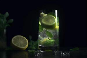 ai generiert Glas von Mojito mit ein Limette Keil auf das Rand foto