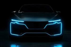 ai generativ Vorderseite Gesicht von elektrisch Auto Modell- unter dunkel Hintergrund foto