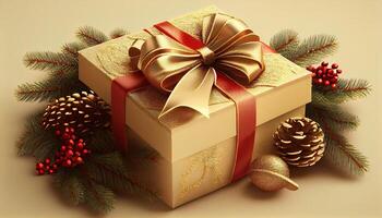 Weihnachten Dekoration Komposition auf Licht Gold Hintergrund mit schön golden Geschenk Box mit rot Schleife. ai generiert. foto