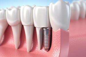 Dental Implantation, Zähne mit implantieren schrauben, Illustration. ai generiert foto