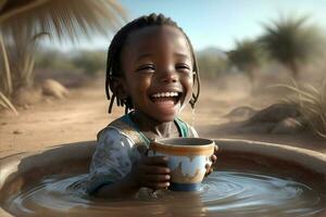 Dürre Mangel von Wasser Problem Lachen Kind im Afrika. ai generiert foto