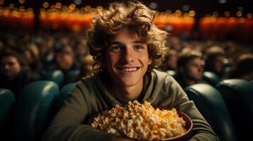 Mann Essen Popcorn im ein Film Theater, Sitzung und Essen Popcorn. ai generiert foto