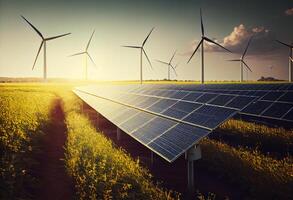 Wind Turbinen und Solar- Paneele Bauernhof im ein Feld. verlängerbar Grün Energie. ai generiert. foto