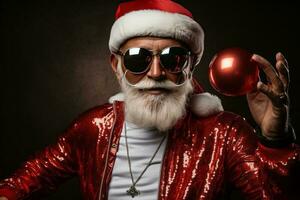 alt Mann grau Bart halt Jahrgang Disko Ball tanzen funky tragen Santa Weihnachten Kostüm. ai generiert foto