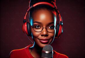 jung afrikanisch amerikanisch Frau im rot T-Shirt, Radio Gastgeber mit Kopfhörer und Mikrofon, Porträt . ai generiert foto
