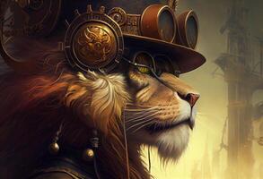 ein Löwe tragen ein Steampunk Hut und ein Steampunk Maske, Fantasie Kunst, Dampfpunk. ai generiert foto